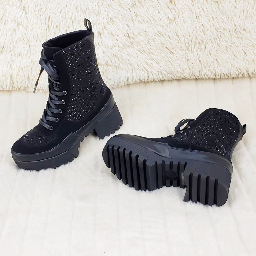 Diva Shine Black Rhinestone Platform Combat Ankle Boots - Picture 5 of 12